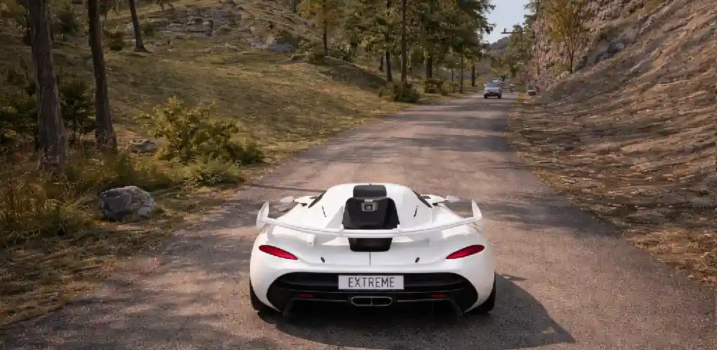 Extreme car driving simulator gameplay screen with white supercar