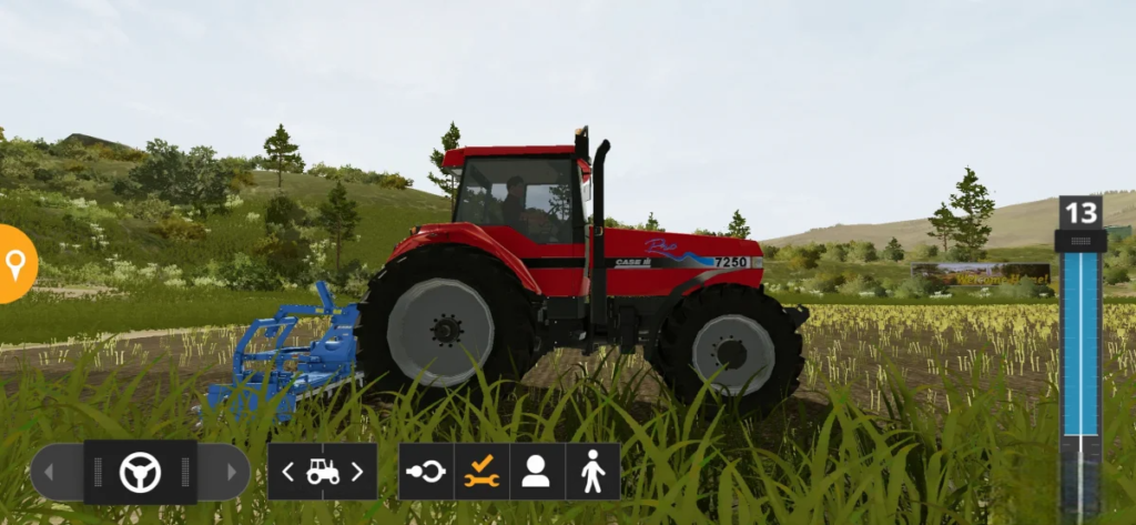 FS 20 game interface with a red tractor on a countryside landscape