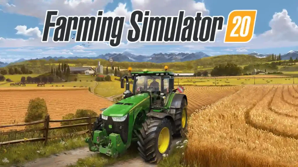 FS 20 download banner with a blue tractor on a farm landscape.