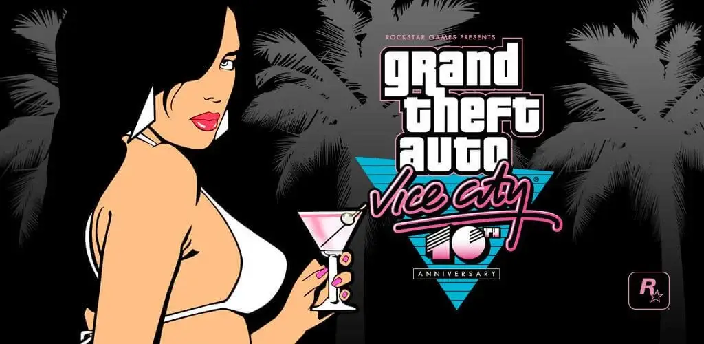 GTA Vice City anniversary game logo banner with the iconic bikini girl artwork