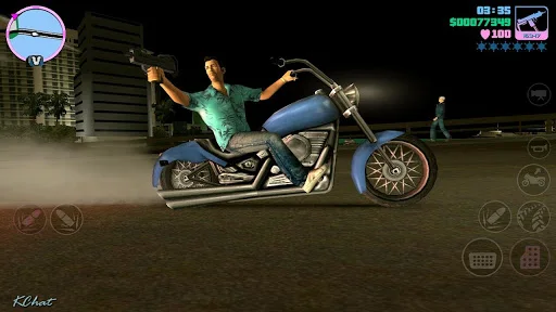 GTA Vice City mobile gameplay with a character riding a blue chopper motorcycle
