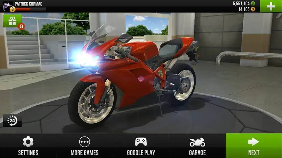 Traffic Rider Mod unlimited money: garage with red sports bike