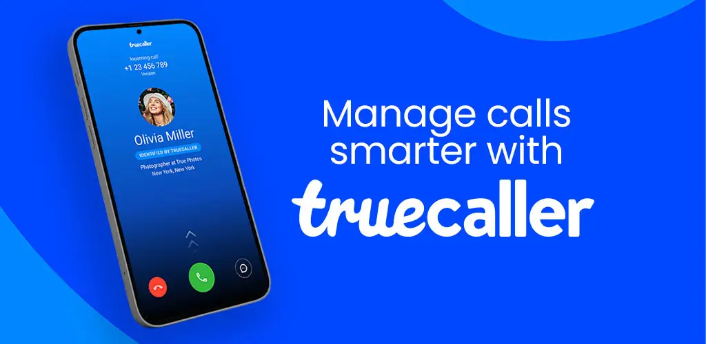 Truecaller premium caller ID screen on a smartphone with a blue background.