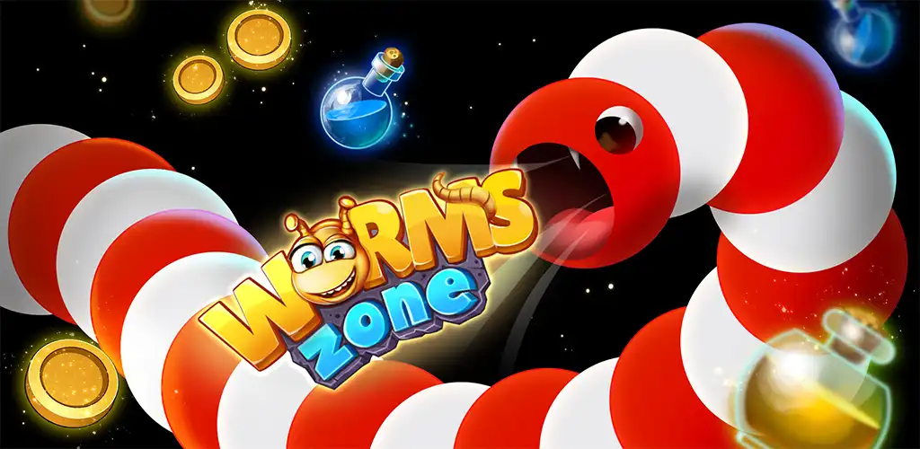 Worms Zone game logo banner with a striped red and white snake
