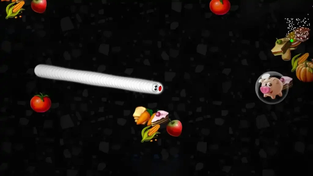Worms Zone gameplay screen featuring a white worm and food items