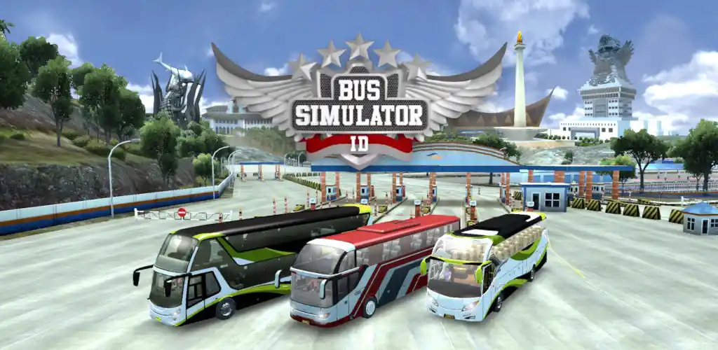 Bus Simulator Indonesia banner design with multiple tour buses lined up
