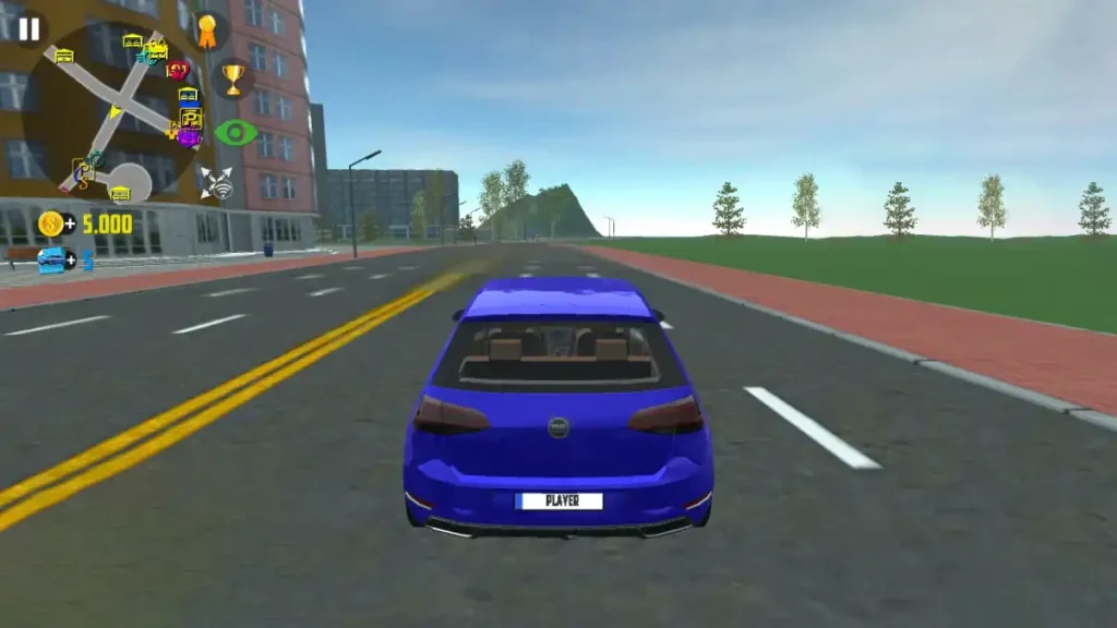 Car Simulator 2 mobile game screenshot with a blue car on the road