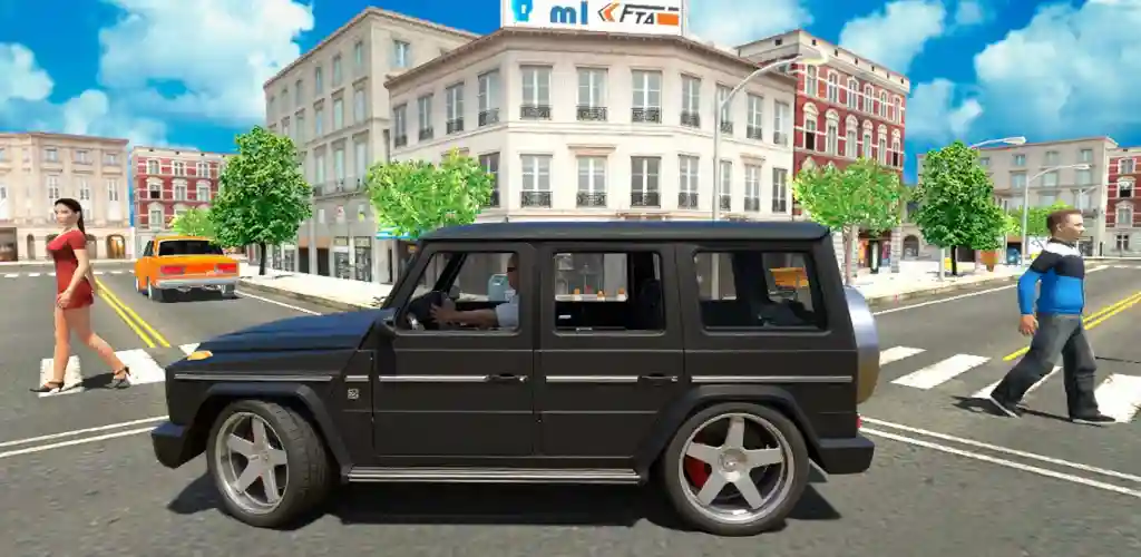 Car Simulator 2 game screenshot with a black SUV in a city setting