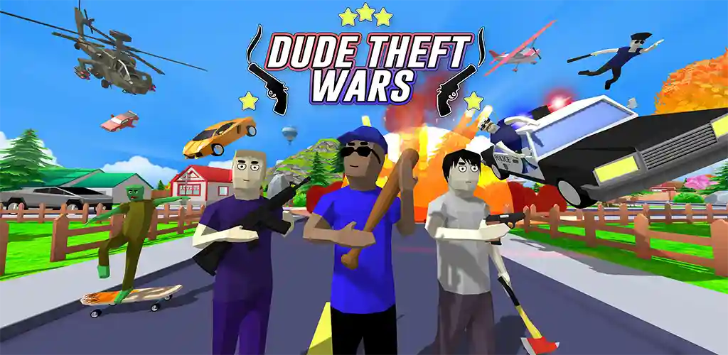Dude Theft Wars game banner with low-poly character