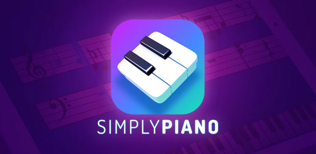 Simply Piano app icon and logo with a musical theme background