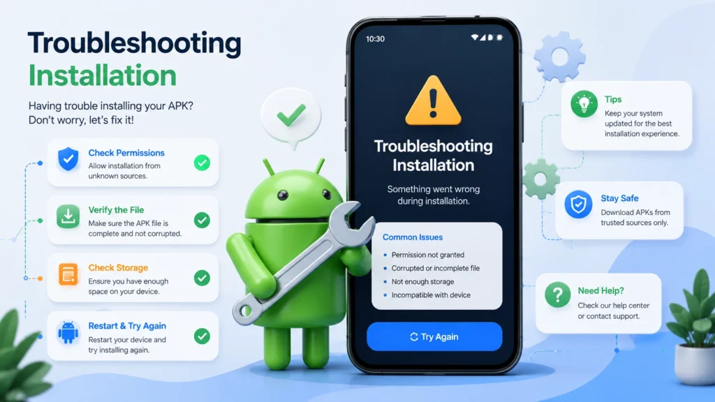Android troubleshooting concept showing solutions for APK installation error messages