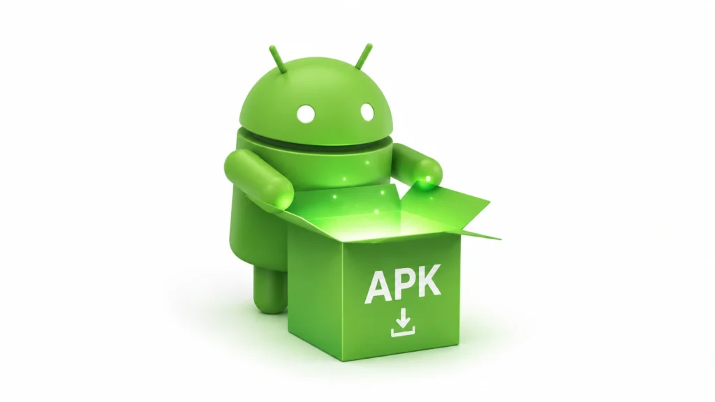 Android mascot unpacking a standard APK installation box