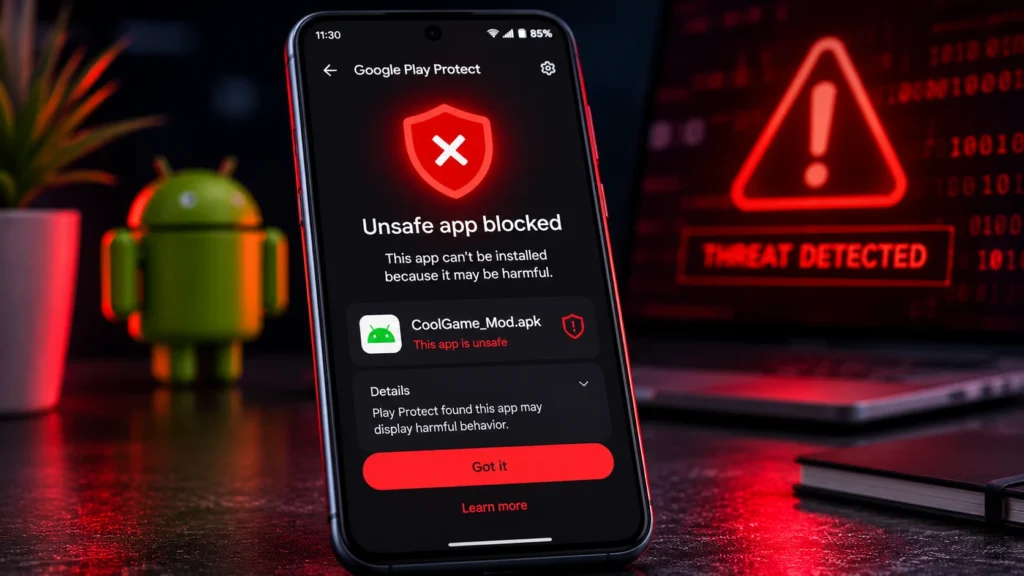 Smartphone screen showing a red Google Play Protect warning for a malicious app