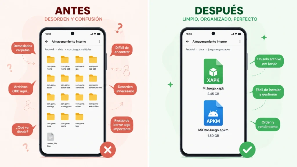Representación visual de cómo los archivos XAPK y APKM organizan los datos de las aplicaciones en Android