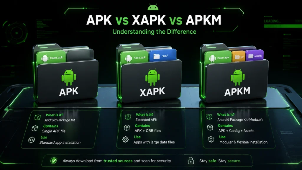 3D illustration comparing APK, XAPK, and APKM file formats