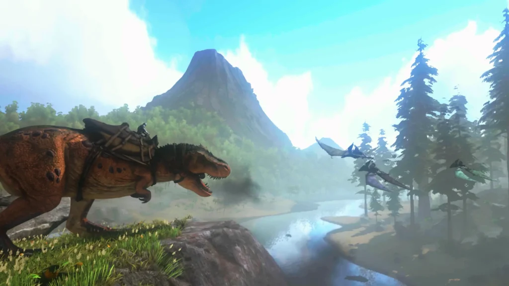 Taming a dinosaur in a prehistoric survival open world game