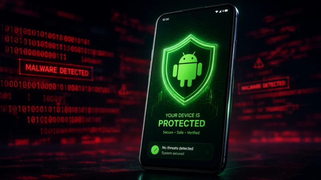 Android smartphone displaying a security shield icon blocking malware