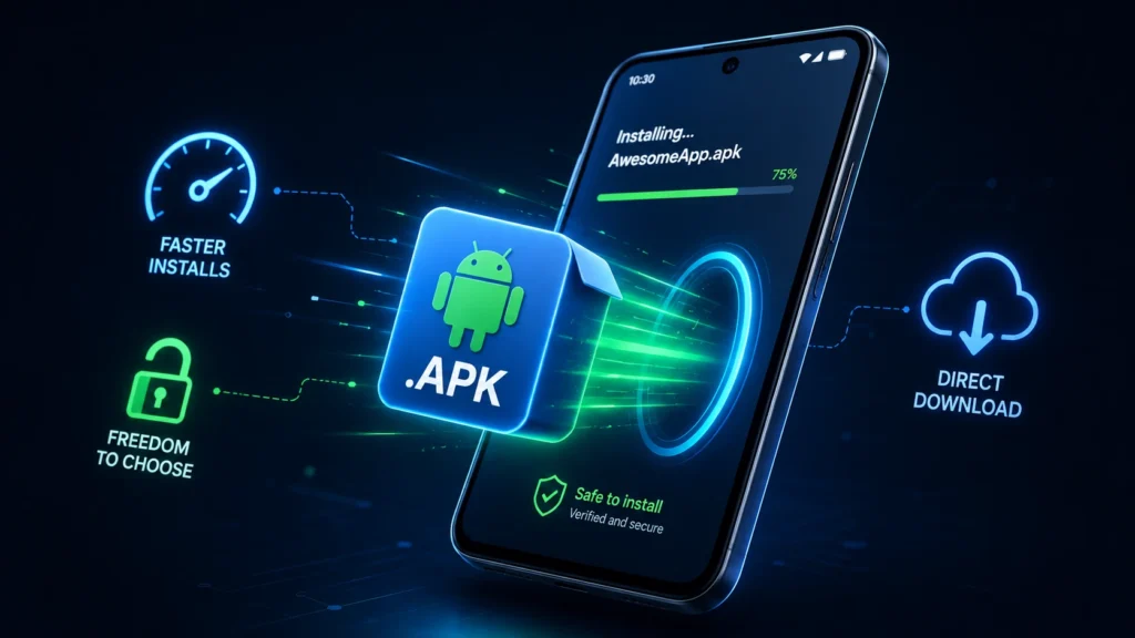 3D illustration of an APK package file icon transferring into an Android smartphone screen