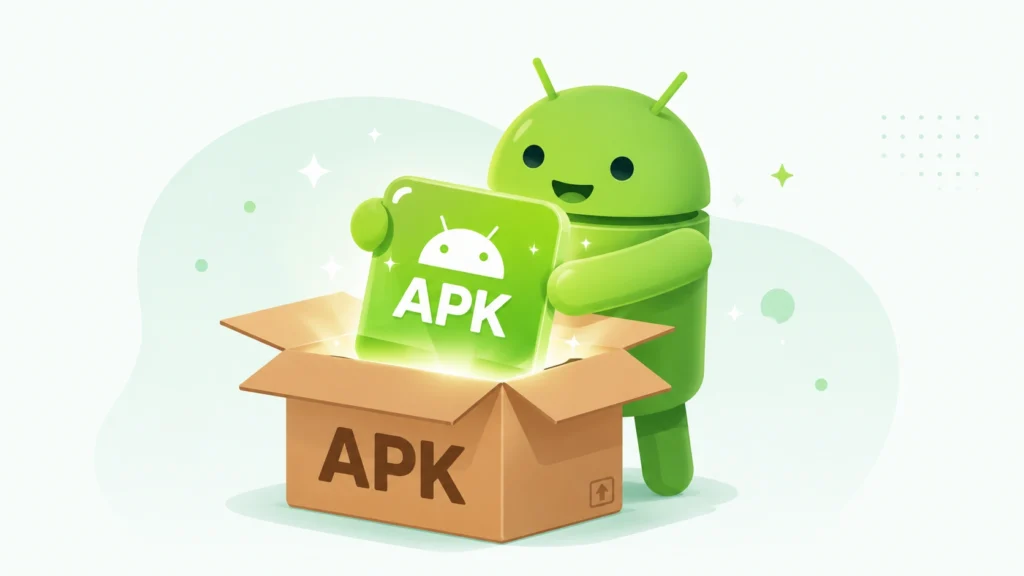 Mascota de Android desempaquetando una caja que representa la instalación de un archivo APK estándar
