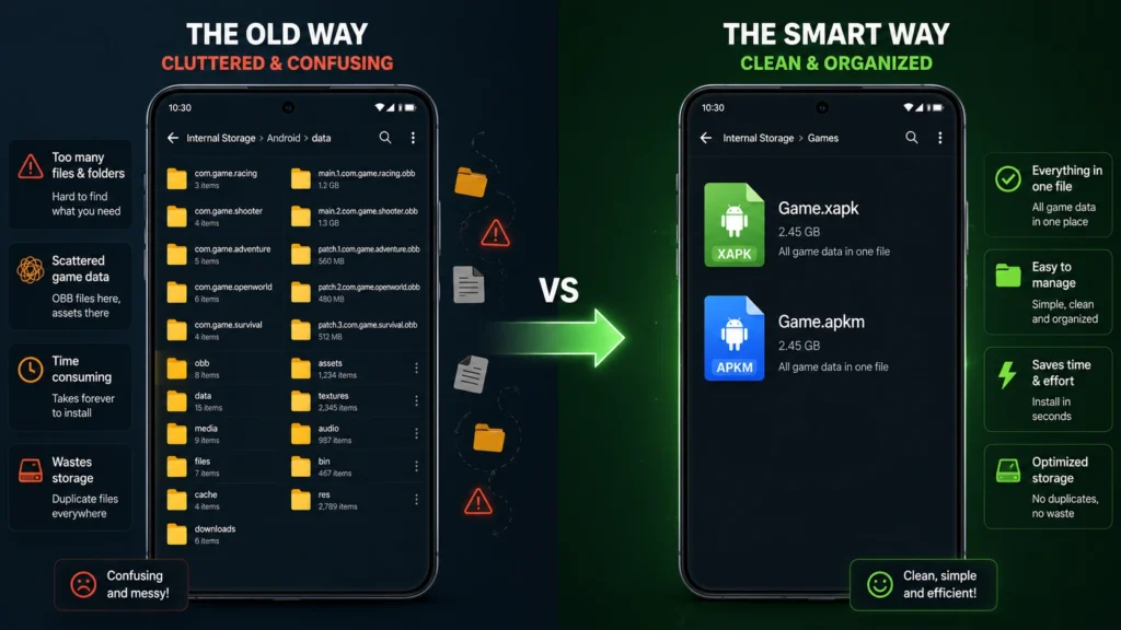 Visual representation of how XAPK and APKM files organize Android app data