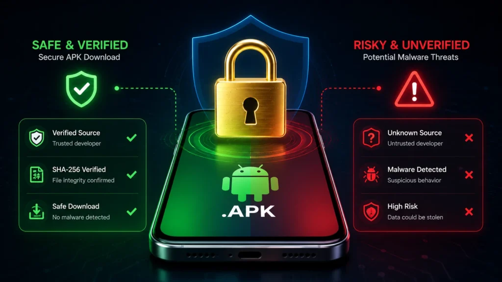 Cyber security concept illustrating the balance between safe verified APK downloads and potential malware risks on Android