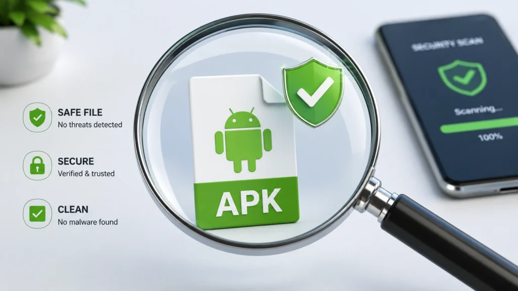 Magnifying glass hovering over an APK file icon with a green checkmark