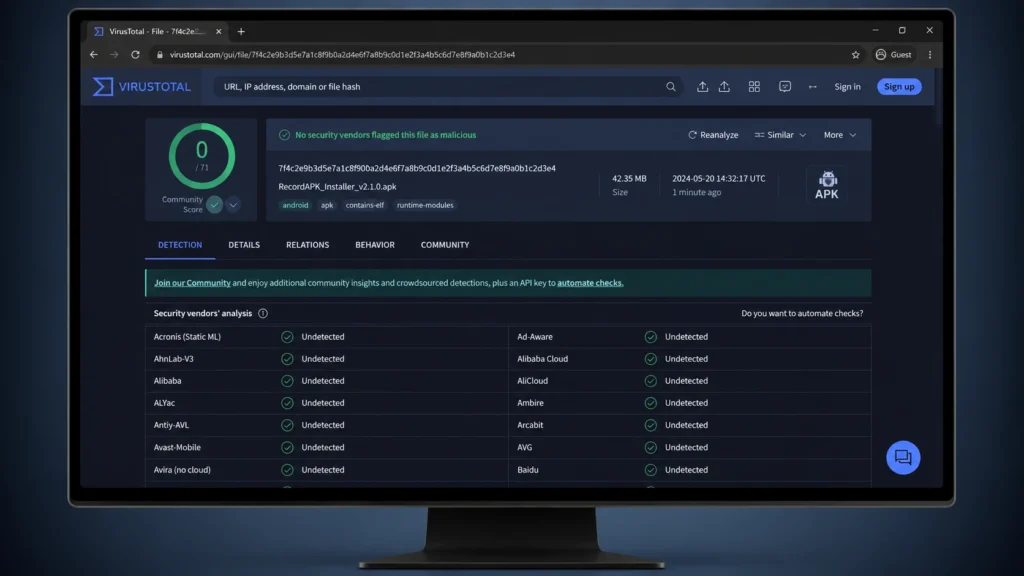 VirusTotal website interface showing a clean APK scan with zero threats