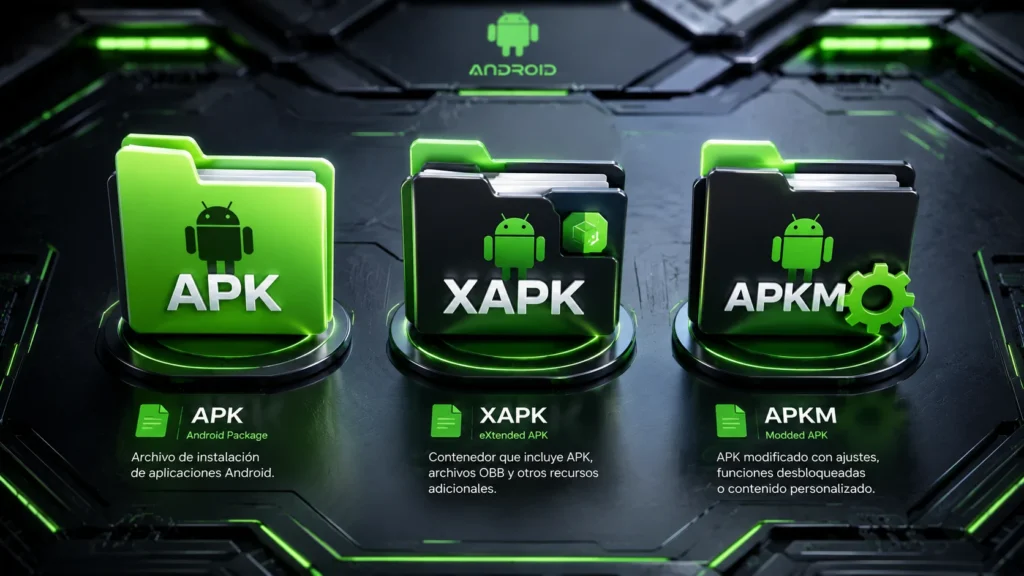Ilustración 3D comparando los formatos de archivo de instalación APK, XAPK y APKM