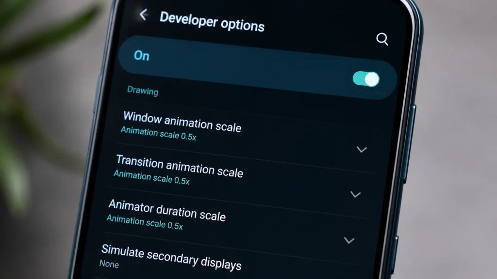 Android Developer Options menu showing window and transition animation scale settings.