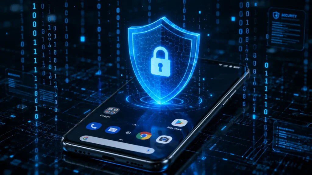 Digital security shield protecting an Android smartphone from data breaches